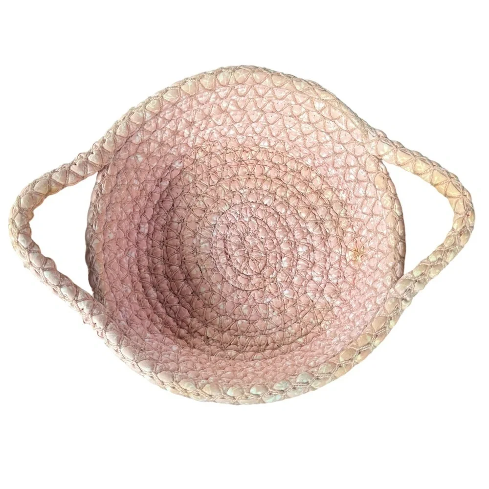 Handmade‎ Crochet Rag Basket White Pink Cottagecore Country Gift Storage Handles